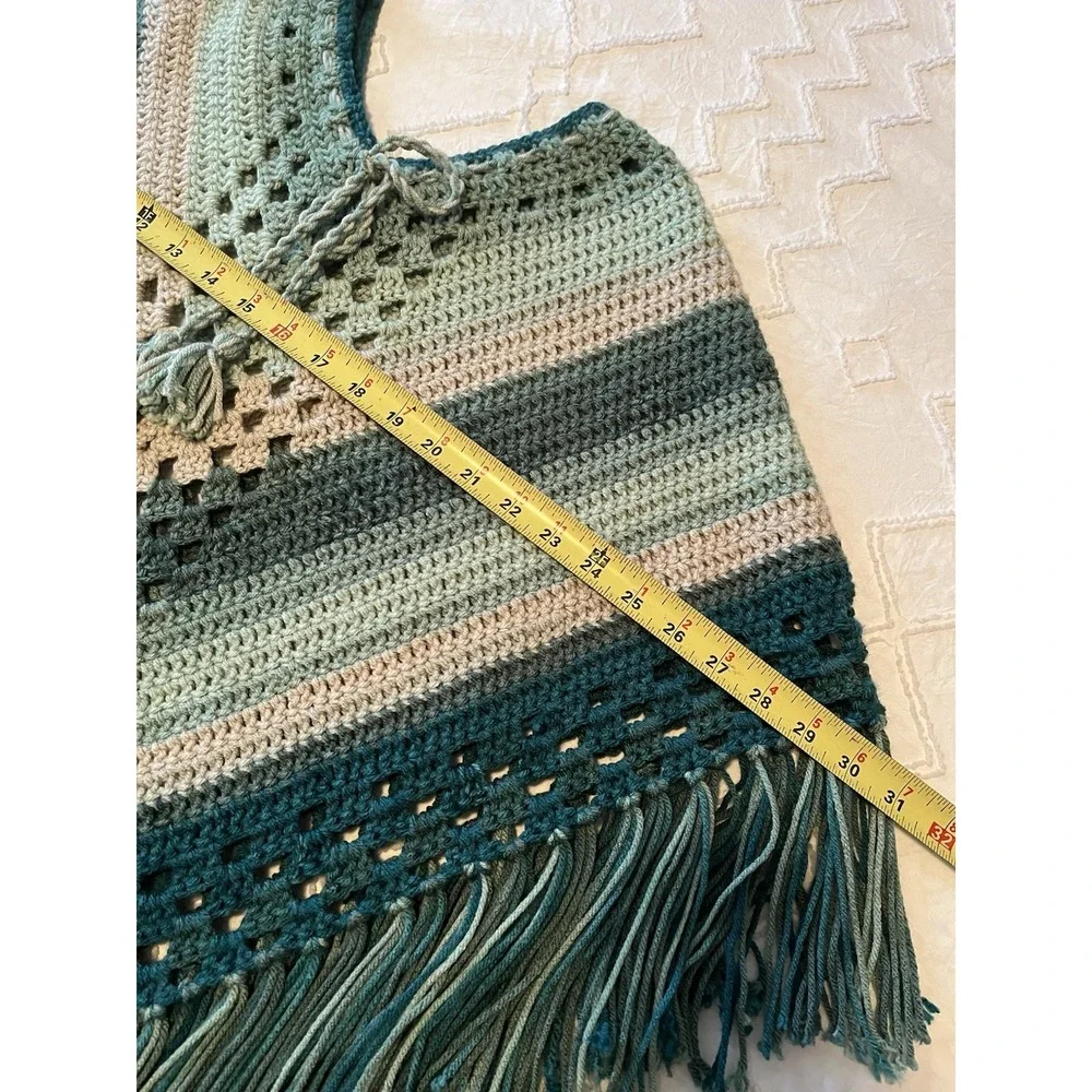Vintage Handmade Crochet Poncho Fringe Boho Retro Hippie Festival Granny Core